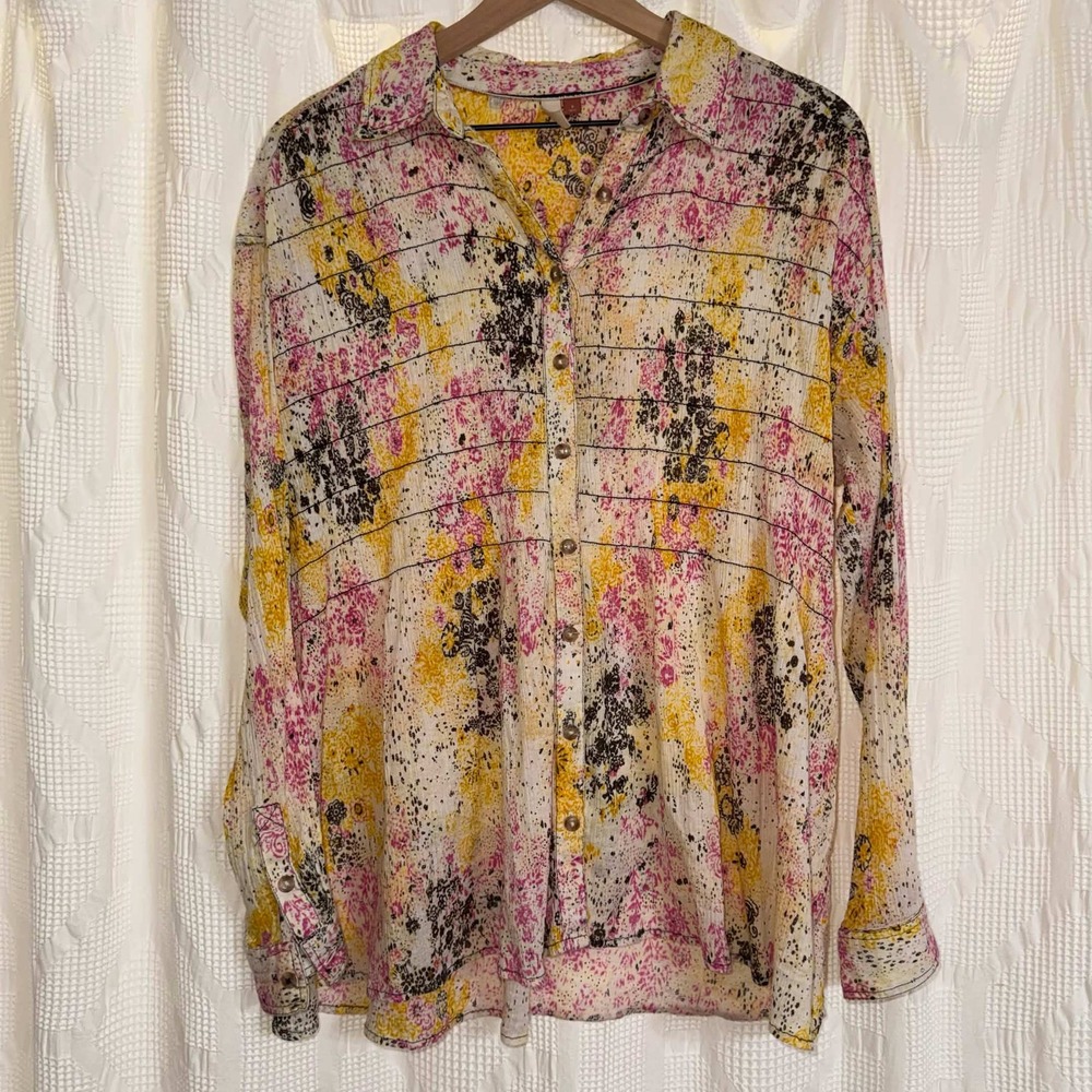 Pilcro Button Down Shirt Yellow Pink Abstract Floral Gauze Boho Anthropologie S